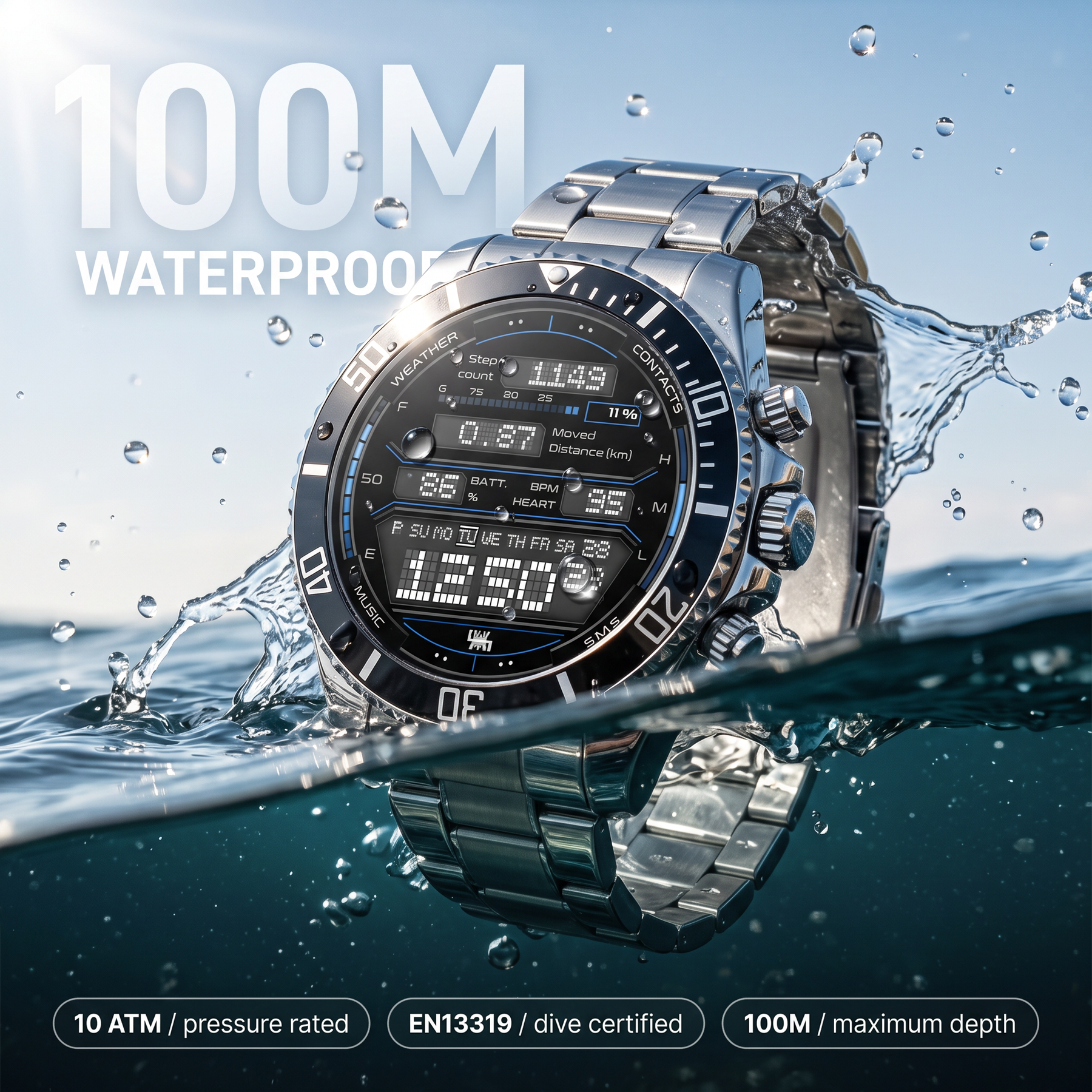 4. Waterproof to 100 meters (swim it, shower it, dive it)